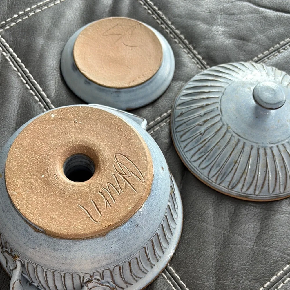 Coburn Blue Gray Handcrafted Pottery Covered Casserole Steamer Bundt Cake Dish